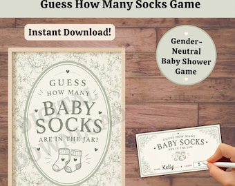 Guess How Many Baby Socks Game, Printable Baby Shower Game, PDF & JPG, Baby Shower Guessing Game, Gender Neutral Sage Green Shower