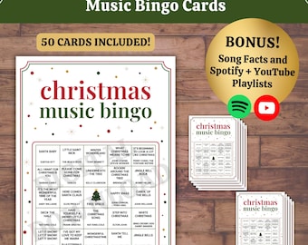 Christmas Music Bingo Game: 50 Printable Cards, Holiday Trivia & Spotify YouTube Playlist (PDF Download)