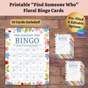 Bingo para encontrar a alguien: Juego floral imprimible y editable para romper el hielo, Bingo para fiestas, despedidas de soltera, eventos de equipo, descarga en PDF
