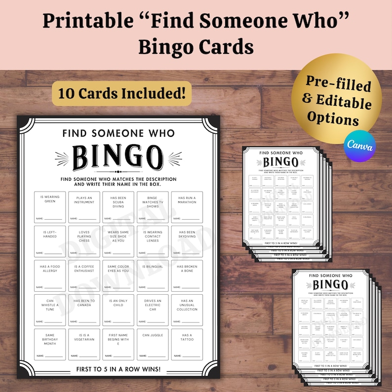 Printable “Find Someone Who” Icebreaker Bingo Card Set – 10 editable and pre-filled cards included, fun team building activity for office parties, networking events, and conferences, instant digital download.