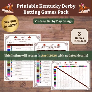Pakket Kentucky Derby-weddenschappen, afdrukbare derbyparty 2025, inzetraster, kansenpool en exacte raster, vintage esthetiek, plaatsingsposities