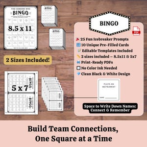 Close-up of “Find Someone Who” Bingo printable – players write names in boxes as they meet others, perfect for icebreaker games at work events, parties, or retreats, sized 5x7 inches.