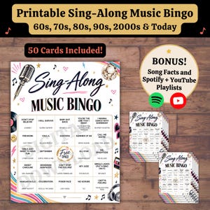 May include: A printable Sing-Along Music Bingo game set featuring 50 cards. The game board includes a microphone, disco ball, and musical notes. Text includes "Sing-Along Music Bingo," "50 Cards Included!," and "BONUS! Song Facts and Spotify + YouTube Playlists."