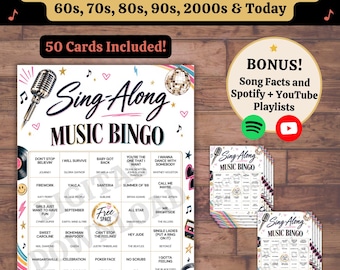 Sing-Along Music Bingo Game, 60s 70s 80s 90s 2000s & Today, Printable Party Game, 50 Bingo Cards with Trivia, Spotify YouTube Playlist