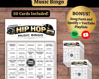 Hip Hop Rap Music Bingo Game, Printable Party Cards, Spotify YouTube Playlists (PDF)