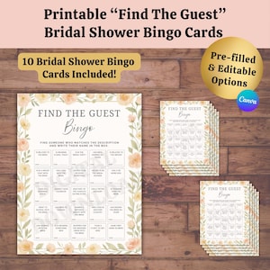 Trouvez l'invité Bingo pour la douche nuptiale - Jeu brise-glace amusant, 10 cartes imprimables et modifiables, Floral pêche rose sauge, téléchargement numérique PDF