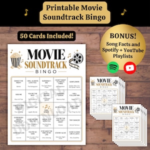 Movie Soundtrack Music Bingo Game, Printable Party Game, 50 Bingo Cards, 70 Movie Songs, Fun Facts & Spotify YouTube Playlists PDF