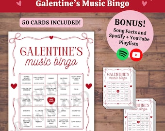 Galentine’s Game: Music Bingo, 50 Printable Cards, Love Song Trivia & Spotify YouTube Playlist (PDF Download)