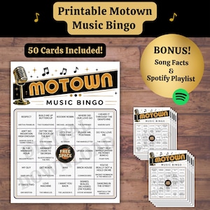 Motown music bingo game printable for adults with 50 cards, Spotify playlist, and trivia party activity