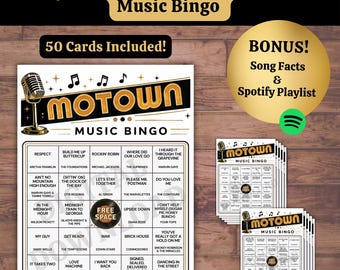 Motown Music Bingo Game, Printable Party Game, 50 Bingo Cards with Trivia & Spotify Playlist, Soul Music Party Activity PDF