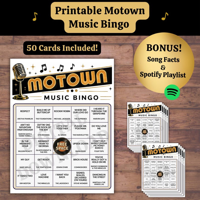 Motown music bingo game printable for adults with 50 cards, Spotify playlist, and trivia party activity