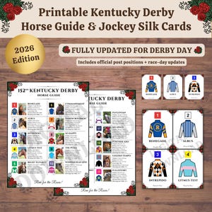 Kentucky Derby Horse Guide & Jockey Silks Cards Printable 2026 - Derby Party Decor PDF
