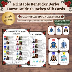 Pode incluir: Guia de Cavalos e Cartões de Seda de Jockey do Kentucky Derby para impressão, edição de 2026. Inclui informações sobre corridas de cavalos, cartões de seda de jockey e atualizações do dia da corrida. Apresenta nomes de cavalos, sedas e posições.