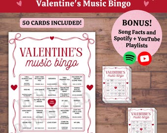 Valentine’s Music Bingo: Party Game 50 Printable Cards, Love Song Trivia & Spotify YouTube Playlist (PDF Download)