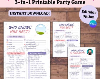 Who Knows Her Most Game, Birthday Party Quiz, Editable Printable (Digital Download)