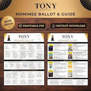Scheda di voto per i Tony Awards 2026 stampabile in PDF, gioco per la festa di visione dei Tony Awards, scheda di voto per i candidati di Broadway, gioco per la festa a tema teatrale, download immediato