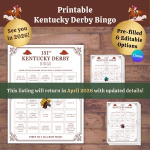 Kentucky Derby Bingo para impressão – Jogo de festa estético vintage 2025, 8 cartas + modelo editável, atividade do Derby Day, download instantâneo em PDF