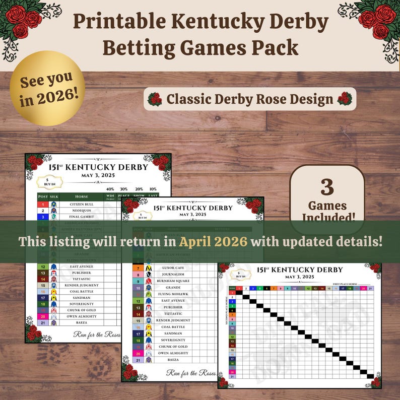 Kentucky Derby Betting Games Pack Rose Design (printable) Etsy