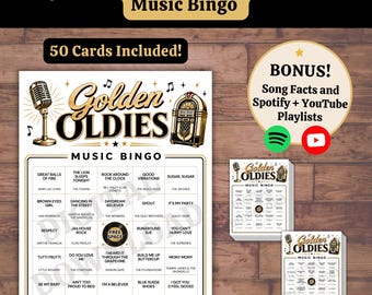 Golden Oldies Music Bingo Game, Printable 50s 60s Party Game, 50 Bingo Cards with Trivia, Spotify & YouTube Playlist PDF