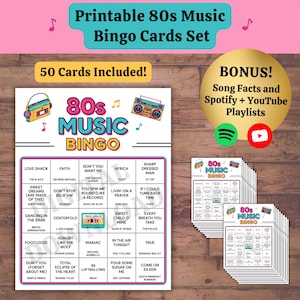 Op de afbeelding: Een printbare 80s muziek bingo kaartenset met 50 kaarten, songfeiten en links naar digitale afspeellijsten. De kaarten tonen een kleurrijke boombox-afbeelding, muzieknoten en een raster met 80s songtitels en artiesten zoals Love Shack.