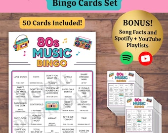 80s Music Bingo Game: 50 Printable Cards, Trivia & Spotify YouTube Playlist (PDF Download)
