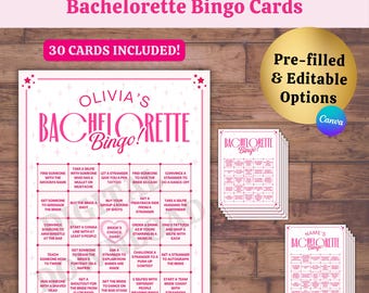Bachelorette Bingo Game: 30 Unique Cards + Printable and Personalized Editable Template (PDF)