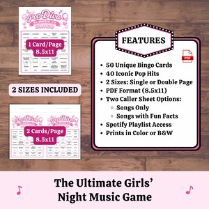 Printable female pop music bingo game features 50 unique cards and iconic pop songs