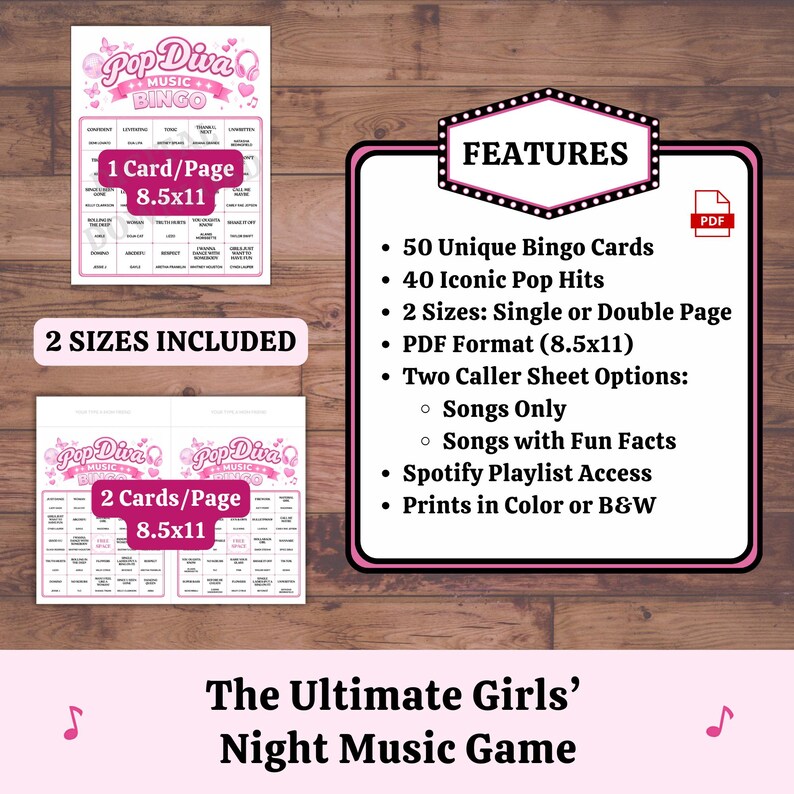 Printable female pop music bingo game features 50 unique cards and iconic pop songs