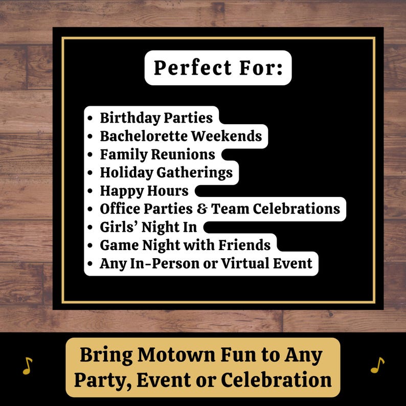 Motown and soul music bingo party game for adults, birthdays, bachelorette, girls night and family gatherings