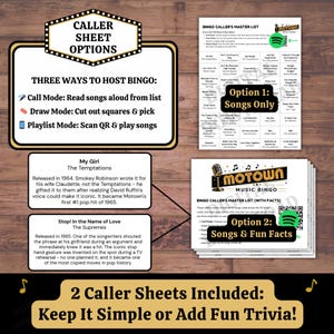 music bingo caller sheet printable with songs only and fun facts, easy hosting party game instructions