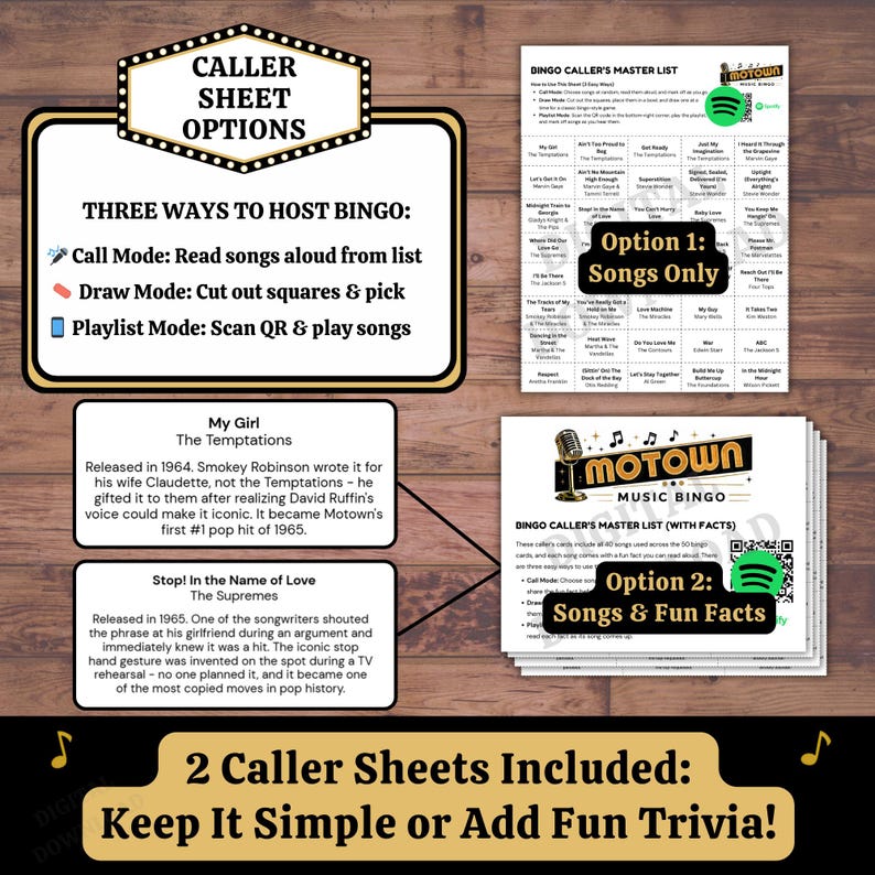 music bingo caller sheet printable with songs only and fun facts, easy hosting party game instructions