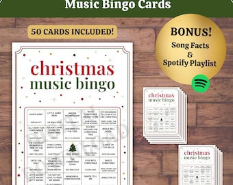 Christmas Music Bingo Game: 50 Printable Cards, Holiday Trivia & Spotify Playlist (PDF Download)
