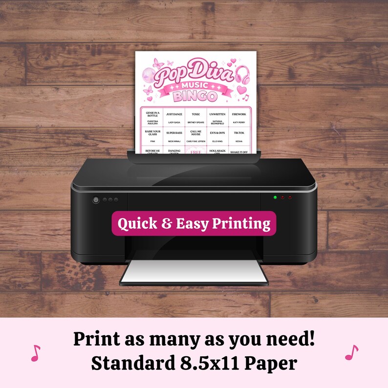Printable music bingo game easy to print at home on standard 8.5x11 paper