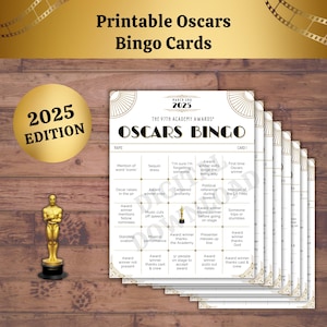 Bingo de los Oscar, juego imprimible para ver en grupo, 8 tarjetas únicas, PDF, diversión nocturna de películas de los Premios de la Academia 2025, actividad temática de Hollywood