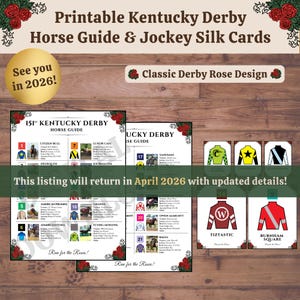 Kentucky Derby druckbare Jockey Silks Karten und Pferdeführer, alle 20 Derby-Teilnehmer, 2025 Post Positionen Dekor, sofortiger PDF-Download