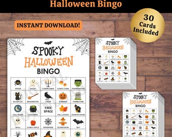 Halloween Bingo Game: 30 Unique Printable Cards (Digital Download)