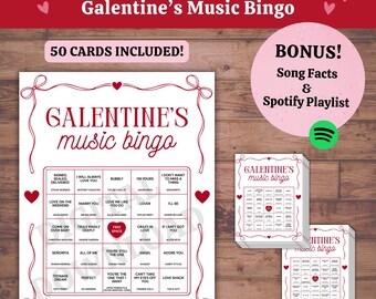 Galentine’s Game: Music Bingo, 50 Printable Cards, Love Song Trivia & Spotify Playlist (PDF Download)