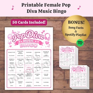 Printable pop diva music bingo game for girls night party with 50 bingo cards and female pop songs