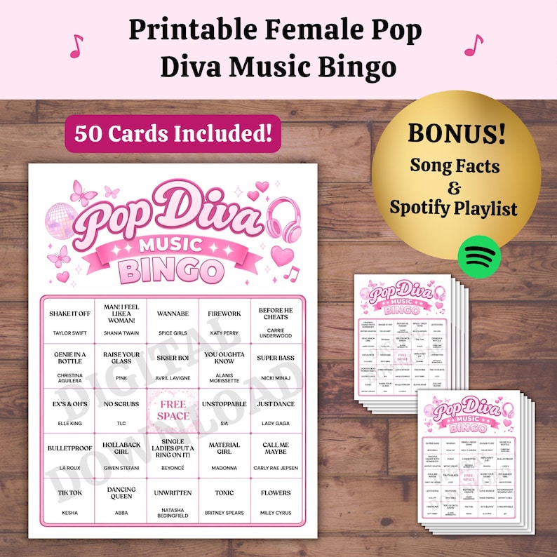 Printable pop diva music bingo game for girls night party with 50 bingo cards and female pop songs