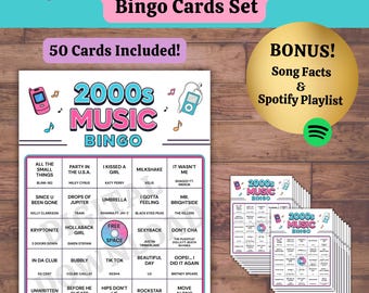 2000s Music Bingo Game: 50 Printable Cards, Y2K Trivia (Digital Download PDF)