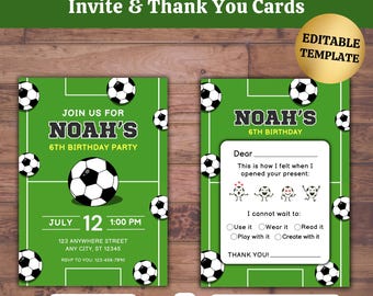 Soccer Birthday Invitation & Thank You Card Set – Editable Canva Template (Printable)