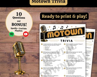 Motown Trivia Game, Printable Party Quiz, 10 Questions with Answer Key & Fun Facts, Spotify YouTube Playlist, Soul Music PDF