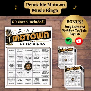 Motown Music Bingo Game, Printable Party Game, 50 Bingo Cards with Trivia & Spotify YouTube Playlist, Soul Music Party Activity PDF