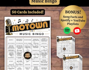 Motown Music Bingo Game, Printable Party Game, 50 Bingo Cards with Trivia & Spotify YouTube Playlist, Soul Music Party Activity PDF