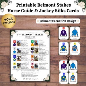 Belmont Stakes Afdrukbare Jockey Silks-kaarten en paardengids | 2025 Belmont-feestdecor, berichtposities, pdf-download op 7 juni, Triple Crown