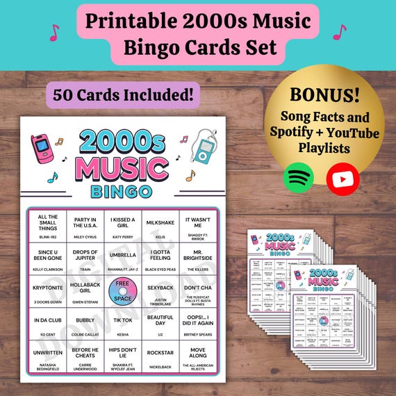 2000s Music Bingo Game: 50 Printable Cards, Y2K Spotify YouTube Playlists (Digital Download PDF)