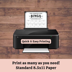 Printer mockup showing quick and easy printing of icebreaker bingo cards on standard 8.5x11 paper, reusable and scalable for large groups or team events.