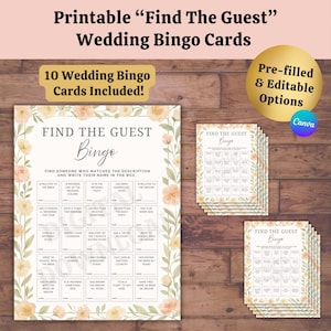 Find The Guest Wedding Bingo - Wedding Bingo Icebreaker Game, 10 Printable & Editable Cards, Peach Blush Sage Floral, PDF Digital Download