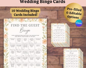 Wedding Bingo Icebreaker Game: Peach Floral, 10 Editable Cards (PDF Digital Download)