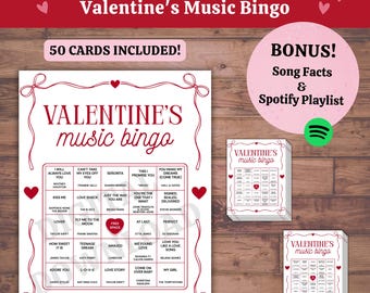Valentine’s Bingo: Party Game 50 Printable Cards, Love Song Trivia & Spotify Playlist (PDF Download)